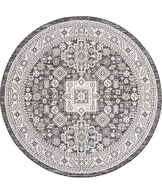 Rugs.com Outdoor Aztec Collection Rug – 8 Ft Round Charcoal Gray Flatweave Rug Perfect for Kitchens, Dining Rooms
