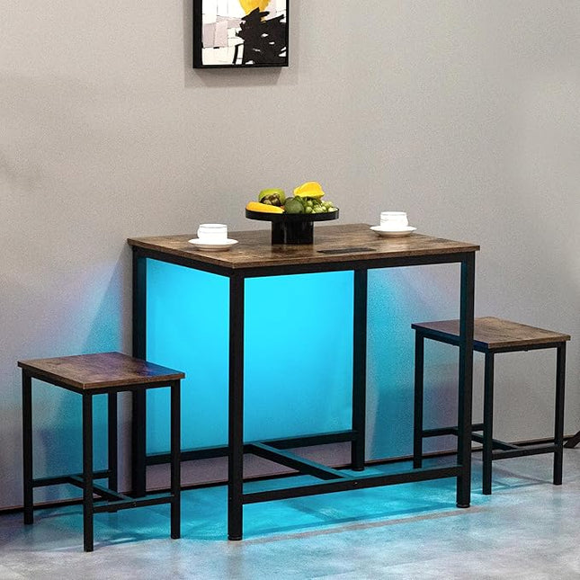Finnhomy 3-Piece Dining Table Set, Small Kitchen Table with 2 Chairs, LED Light and USB Type-C Power Outlet, Space-Saving Design for Dining Room, Living Room, Apartment, Rustic Brown