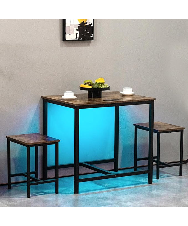 Finnhomy 3-Piece Dining Table Set, Small Kitchen Table with 2 Chairs, LED Light and USB Type-C Power Outlet, Space-Saving Design for Dining Room, Living Room, Apartment, Rustic Brown