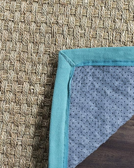 Safavieh Natural Fiber Collection Runner Rug - 2'6" x 10', Natural & Teal, Seagrass, Basketweave Pattern with Border (NF114R)