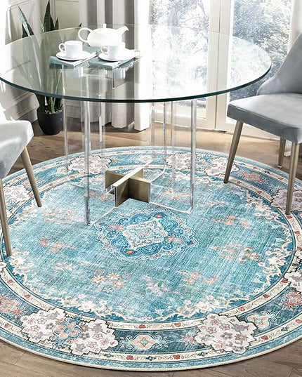 MUJOO Teal Round Rug 5ft,Circle Washable Area Rugs for Bedroom Living Room Bathroom,Boho Large Non Slip Circular Carpet,Floral