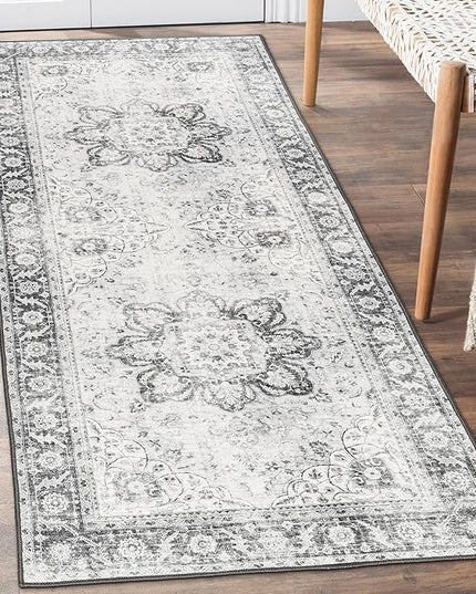 ReaLife Rugs Machine Washable Area Rug Runner - Living Room Bedroom Bathroom Kitchen Entryway Office - Padded Low Pile Stain Resistant Premium - Boho Farmhouse Vintage - Joy - Gray 2'6" x 6'