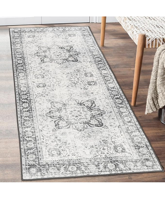 ReaLife Rugs Machine Washable Area Rug Runner - Living Room Bedroom Bathroom Kitchen Entryway Office - Padded Low Pile Stain Resistant Premium - Boho Farmhouse Vintage - Joy - Gray 2'6" x 8'