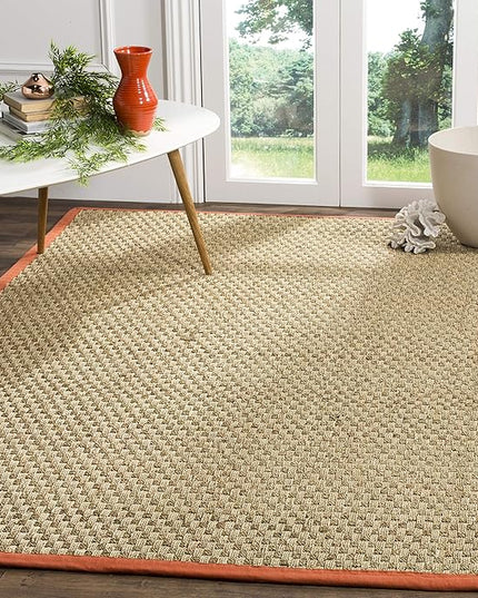SAFAVIEH Area Rug 9x12 - Natural Fiber Collection - Large - Natural & Rust, Seagrass, Basketweave Pattern with Border (NF114Y)