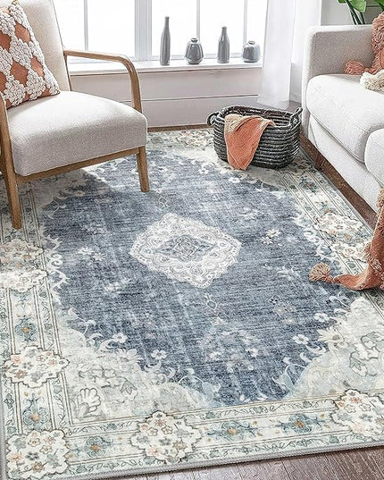MUJOO Boho Rug 4'x6.5' Area Rugs for Bedroom Living Room Dining Room Blue Grey Rugs Machine Washable Non Slip Carpet for Office Dorm Kitchen Laundry Room Accent Soft Low-Pile Floral