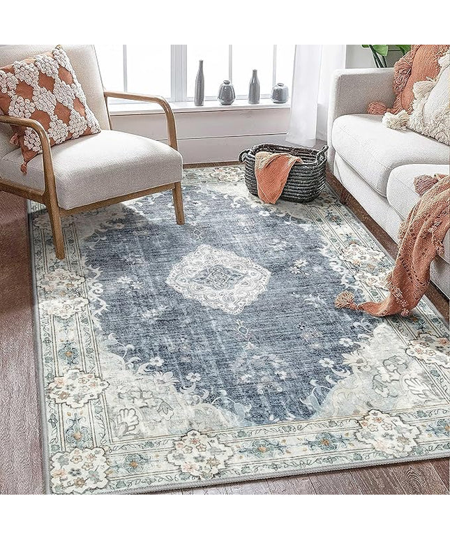 MUJOO Boho Rug 4'x6.5' Area Rugs for Bedroom Living Room Dining Room Blue Grey Rugs Machine Washable Non Slip Carpet for Office Dorm Kitchen Laundry Room Accent Soft Low-Pile Floral