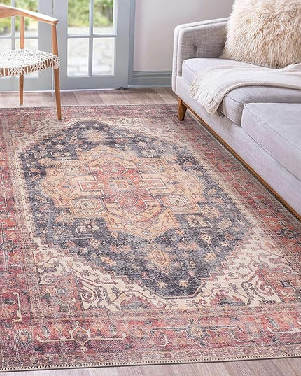 GLN Rugs Traditional Collection - Machine Washable Area Rug, Traditional Washable, Non Slip, Low Pile Chenille Rug, Living Room, Bedroom, Kitchen Rug (7'10"x10' Black/Terra)