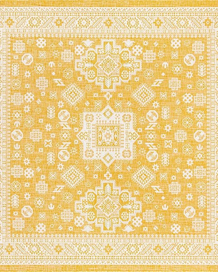 Rugs.com Outdoor Aztec Collection Rug – 10 Ft Square Yellow Flatweave Rug Perfect for Living Rooms, Kitchens, Entryways