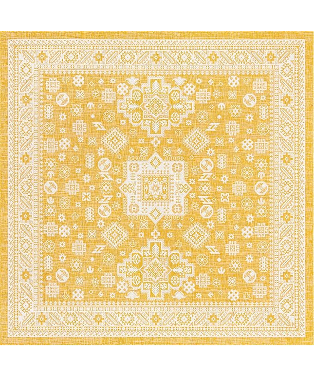 Rugs.com Outdoor Aztec Collection Rug – 10 Ft Square Yellow Flatweave Rug Perfect for Living Rooms, Kitchens, Entryways