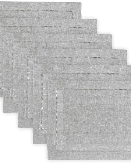 Solino Home Linen Cloth Placemats Set of 6-100% Pure Linen Hemstitch Soft Grey Placemats 14 x 19 Inch - Classic Hemstitch Table Place Mats for Christmas, Winter, New Year