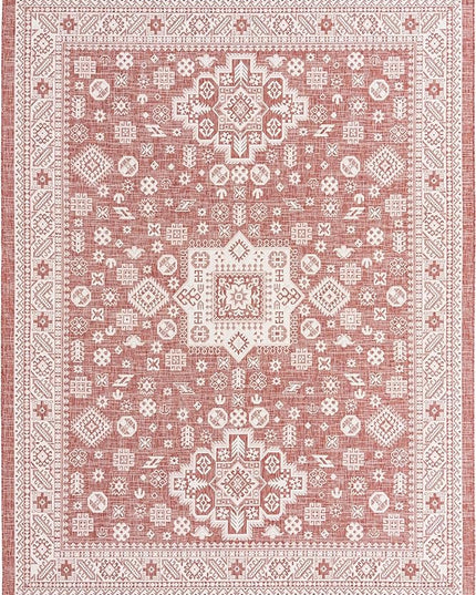Rugs.com Outdoor Aztec Collection Rug – 10' x 13' Rust Red Flatweave Rug Perfect for Living Rooms, Large Dining Rooms, Open Floorplans
