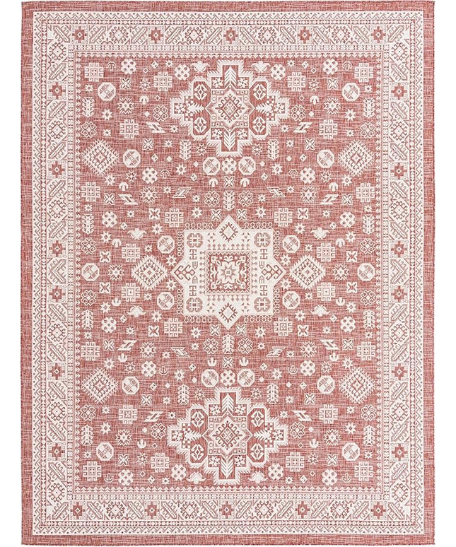 Rugs.com Outdoor Aztec Collection Rug – 10' x 13' Rust Red Flatweave Rug Perfect for Living Rooms, Large Dining Rooms, Open Floorplans