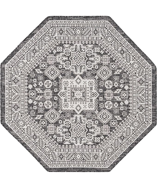 Rugs.com Outdoor Aztec Collection Rug – 5 Ft Octagon Charcoal Gray Flatweave Rug Perfect for Living Rooms, Kitchens, Entryways