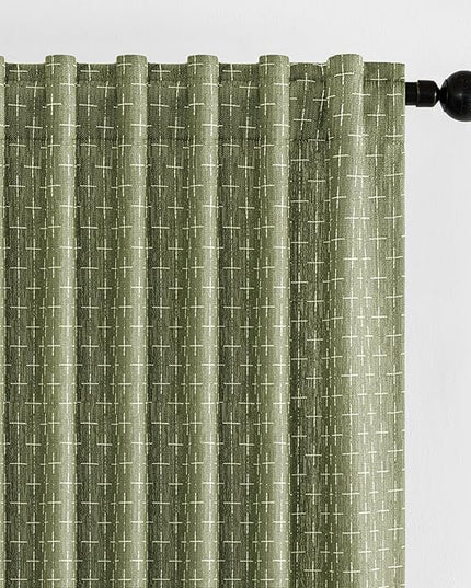 MIULEE Decorative Back Tab Linen Curtains with Geometric Pattern for Living Room Bedroom Farmhouse Rustic Thick Woven Textured Patterned Mudcloth Drapes 72 Inches Long 2 Panels Set, Sage Green