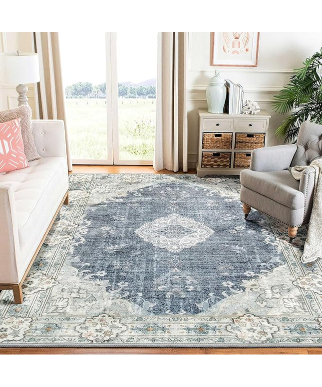 MUJOO Blue Grey Rug 6'x9' Area Rugs for Living Room Washable Rugs Large Boho Carpet for Bedroom Dining Room Neutral Vintage Farmhouse Abstract Non Slip Soft Low-Pile Floral Flowers