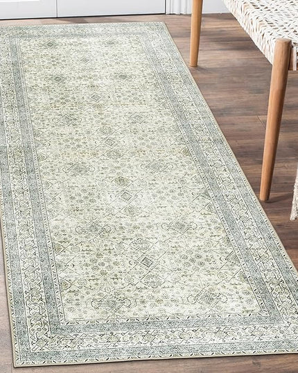 ReaLife Rugs Machine Washable Area Rug Runner - Living Room Bedroom Bathroom Kitchen Entryway Office - Padded Low Pile Stain Resistant Premium - Boho Farmhouse Vintage - BEV - Green 2'6" x 6'
