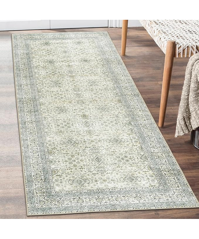 ReaLife Rugs Machine Washable Area Rug Runner - Living Room Bedroom Bathroom Kitchen Entryway Office - Padded Low Pile Stain Resistant Premium - Boho Farmhouse Vintage - BEV - Green 2'6" x 6'