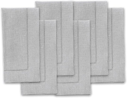 Solino Home Linen Napkins Set of 6 - Classic Hemstitch 100% Pure Linen Soft Grey Dinner Napkins Cloth 20 x 20 Inch for Christmas, Winter, New Year - Handcrafted and Machine Washable