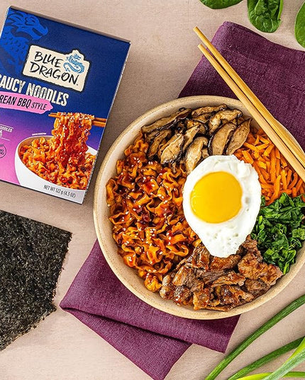 Blue Dragon Korean BBQ Saucy Noodles 4.2 oz (Pack of 3) – Knife-Cut Noodles with Korean-Style BBQ Sauce – Air-Dried, Never Fried – Vegetarian Friendly