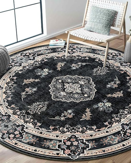 MUJOO Black Round Rug 6ft,Circle Washable Area Rugs for Bedroom Living Room Bathroom,Boho Large Vintage Bohemian Distressed Farmhouse Non Slip Circular Carpet,Floral