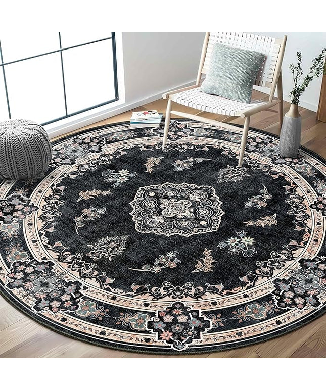 MUJOO Black Round Rug 6ft,Circle Washable Area Rugs for Bedroom Living Room Bathroom,Boho Large Vintage Bohemian Distressed Farmhouse Non Slip Circular Carpet,Floral
