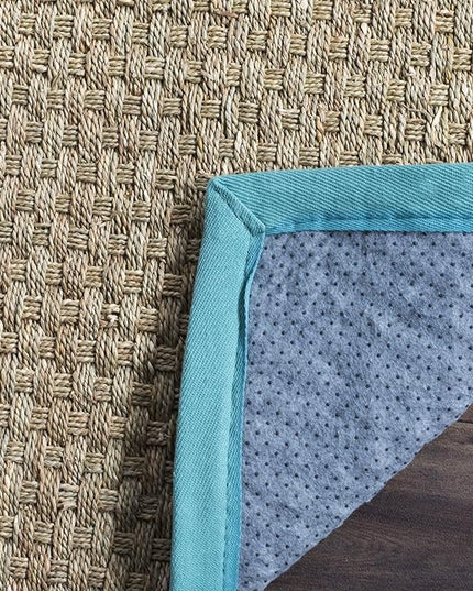 SAFAVIEH Area Rug 6' Square - Natural Fiber Collection - Natural & Teal, Seagrass, Basketweave Pattern with Border (NF114R)