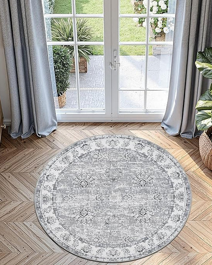 jinchan Fiora Round Rug 4ft Area Rug - Indoor Vintage Hallway Circle 4' Washable - Ultra-Thin Low Pile Soft Small Non Slip Distressed Floral Print for Living Room Dining Room Bedroom Entryway Grey