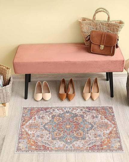 GLN Rugs Traditional Collection - Machine Washable Area Rug, Traditional Washable, Non Slip, Low Pile Chenille Rug, Living Room, Bedroom, Kitchen Rug (2'x3' Cream/Terra)