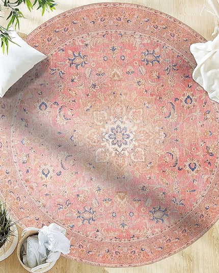 GLN Rugs Traditional Collection - Machine Washable Area Rug, Traditional Washable, Non Slip, Low Pile Chenille Rug, Living Room, Bedroom, Kitchen Rug (5'3" Round Pink Vintage)
