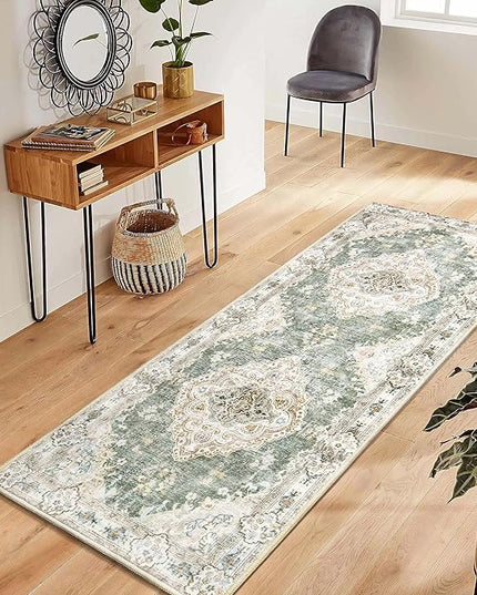 MUJOO Hallway Runner Rug - Machine Washable Non Slip Boho Green Runner for Hallways, Entryway, Kitchen, Bathroom, Bedside - Retro Soft Low-Pile 2'x6' Blossom