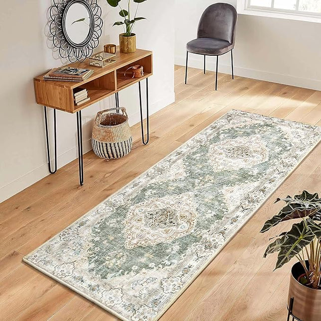 MUJOO Hallway Runner Rug - Machine Washable Non Slip Boho Green Runner for Hallways, Entryway, Kitchen, Bathroom, Bedside - Retro Soft Low-Pile 2'x6' Blossom