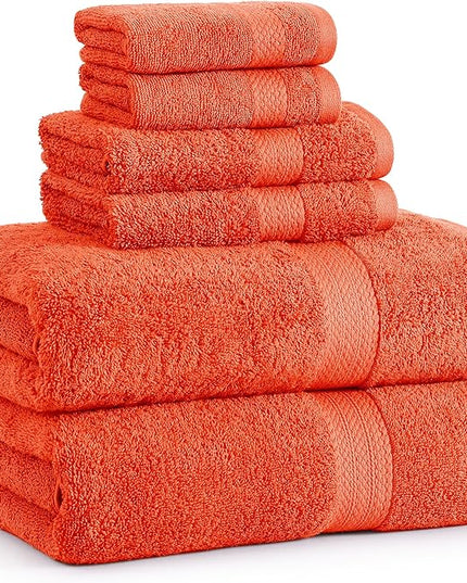 LANE LINEN 100% Cotton Luxury Bathroom Towel Set - 6 Pcs - Ring Spun, Quick Dry, Very Soft & Absorbent - 2 Bath, 2 Washcloths, 2 Hand Towels - Remains Fluffy Even After Multiple Washes - Tiger Lily