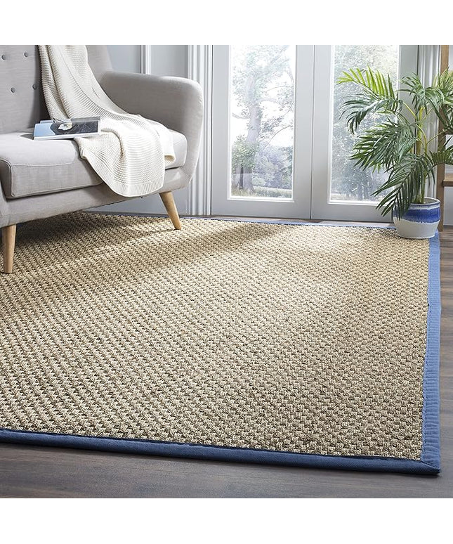 SAFAVIEH Area Rug 6x9 - Natural Fiber Collection - Natural & Navy, Seagrass, Basketweave Pattern with Border (NF114T)