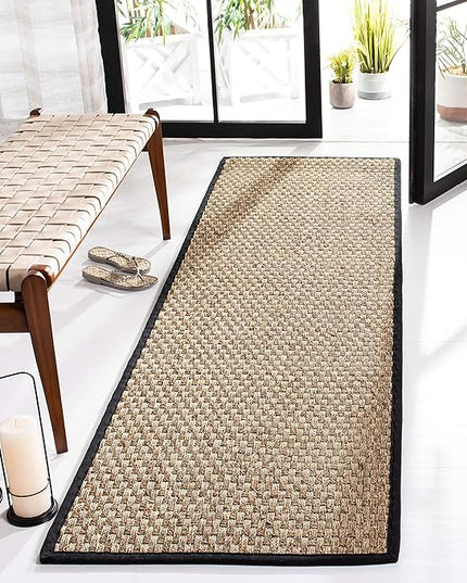 SAFAVIEH Natural Fiber Collection Runner Rug - 2'6" x 12', Natural & Black, Seagrass, Basketweave Pattern with Border (NF114C)