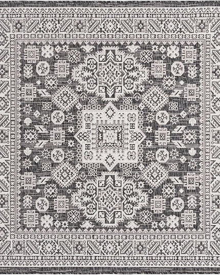 Rugs.com Outdoor Aztec Collection Rug – 5 Ft Square Charcoal Gray Flatweave Rug Perfect for Living Rooms, Kitchens, Entryways