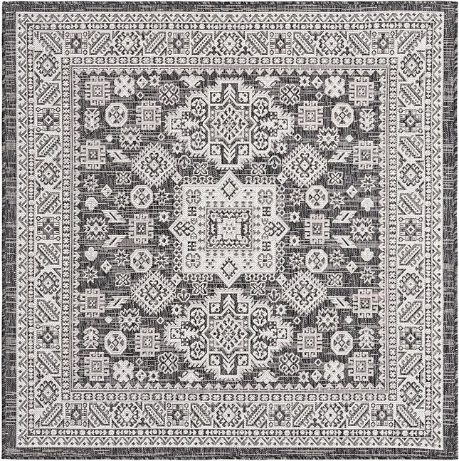 Rugs.com Outdoor Aztec Collection Rug – 5 Ft Square Charcoal Gray Flatweave Rug Perfect for Living Rooms, Kitchens, Entryways