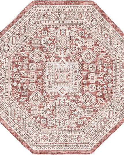 Rugs.com Outdoor Aztec Collection Rug – 5 Ft Octagon Rust Red Flatweave Rug Perfect for Living Rooms, Kitchens, Entryways