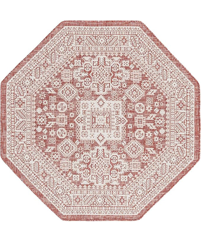 Rugs.com Outdoor Aztec Collection Rug – 5 Ft Octagon Rust Red Flatweave Rug Perfect for Living Rooms, Kitchens, Entryways