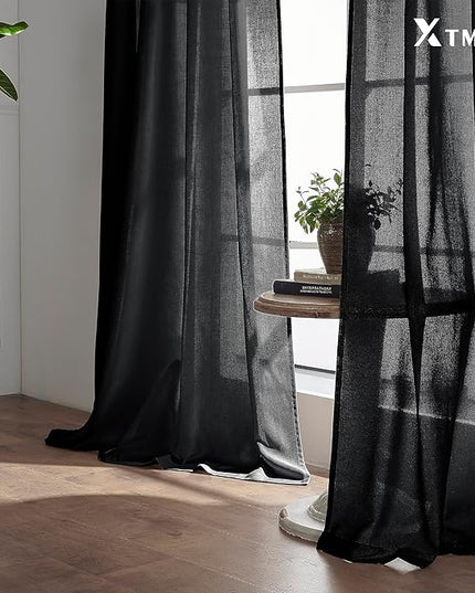 XTMYI Black 90 Inch Length 50 Inch Wide Back Tab/Hook Belt Linen Cotton Sheer Curtains for Bedroom 2 Panels