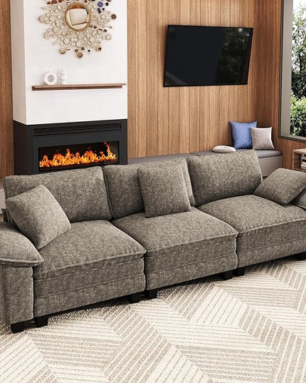 123" Cloud Modular Sectional Sofa, 3-Seater w/Deep Seat & Removable Arms, Plush Chenille for Living Room - Smoky Gray