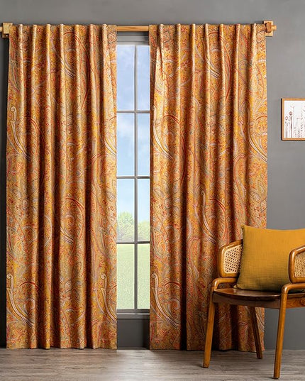 Maison d' Hermine Curtains for Living Room 100% Cotton 124 inch Length One Panel Light Filtering Curtains for Bedroom Windows with Rod and Loop Pockets Drapes (Kashmir Paisley Gold, 50" W x 124" L)