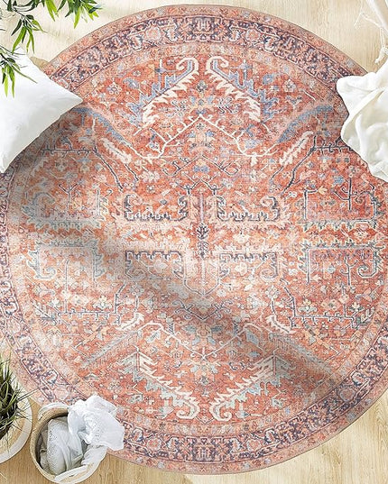 GLN Rugs Traditional Collection - Machine Washable Area Rug, Traditional Washable, Non Slip, Low Pile Chenille Rug, Living Room, Bedroom, Kitchen Rug (5'3" Round Terra Cotta)