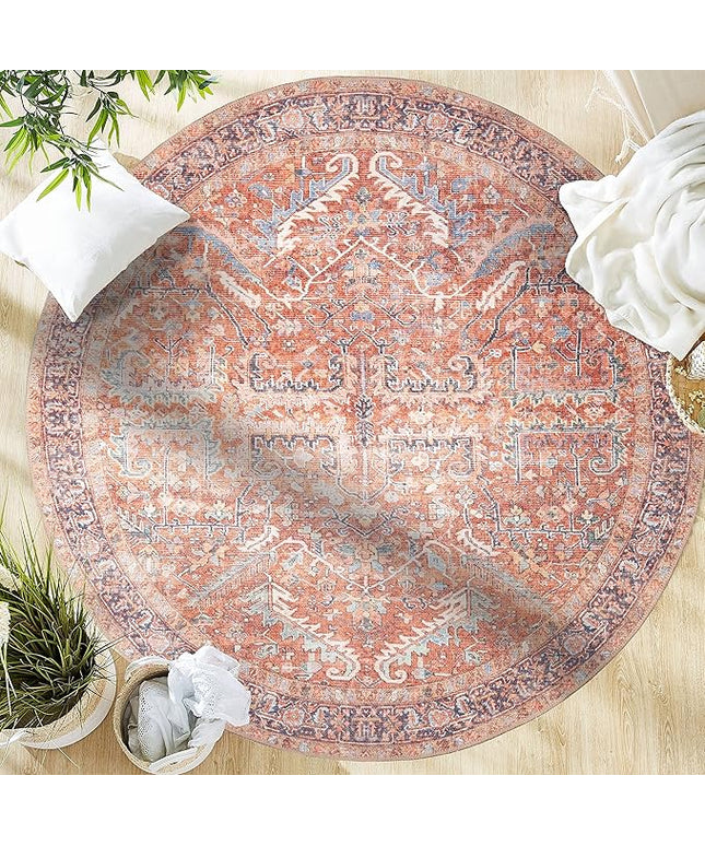 GLN Rugs Traditional Collection - Machine Washable Area Rug, Traditional Washable, Non Slip, Low Pile Chenille Rug, Living Room, Bedroom, Kitchen Rug (5'3" Round Terra Cotta)