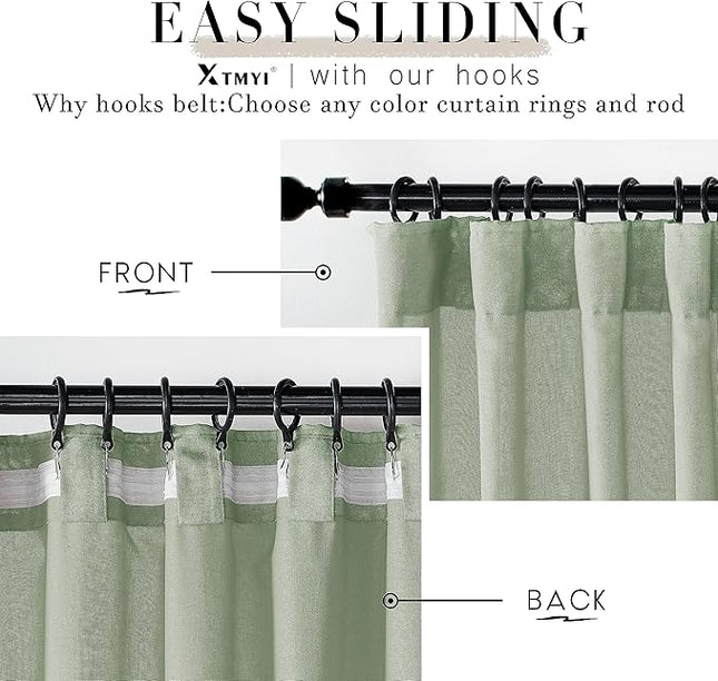XTMYI Sage Green Back Tab/Hook Belt Linen Cotton Sheer Curtains 45 Inch Length for Bathroom Bedroom 2 Panels Set