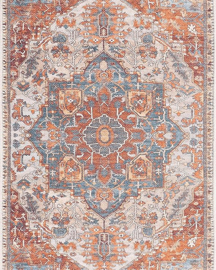 GLN Rugs Traditional Collection - Machine Washable Area Rug, Traditional Washable, Non Slip, Low Pile Chenille Rug, Living Room, Bedroom, Kitchen Rug (2'x3' Cream/Terra)