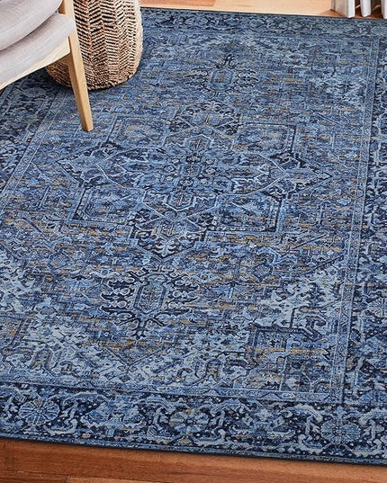 ReaLife Rugs Machine Washable Area Rug - Living Room Bedroom Bathroom Kitchen Entryway Office - Padded Low Pile Stain Resistant Premium - Boho Vintage Traditional - Lyle - Blue 7'6" x 9'6"