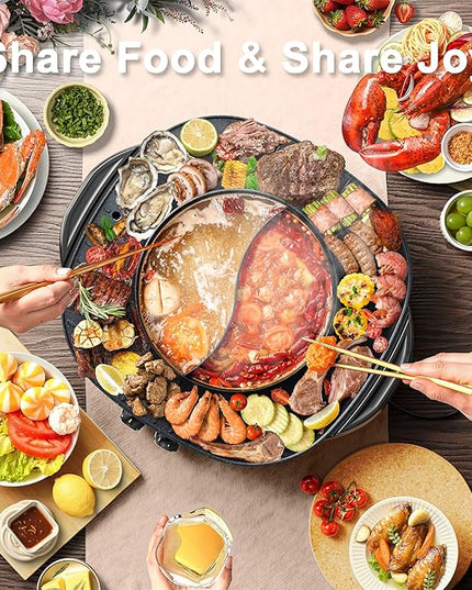 Stariver Hot Pot Electric with Grill 2 in 1, Indoor Korean BBQ & Shabu Shabu, Features Easy-clean Non-stick Coating, Dual Controls, 1800W Fast Heating, Perfect for Family Gatherings or Friends Parties