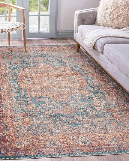 GLN Rugs Traditional Collection - Machine Washable Area Rug, Traditional Washable, Non Slip, Low Pile Chenille Rug, Living Room, Bedroom, Kitchen Rug (3'x5' Terra/Green)