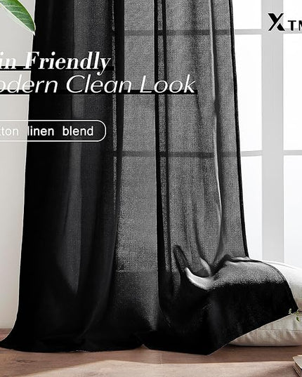 XTMYI Black Sheer Curtains 84 Inches Long for Bedroom Linen Back Tab Pleated No Grommets Semi Privacy Light Filtering Boho Window Drapes for Living Room,84 Length 2 Panels Set