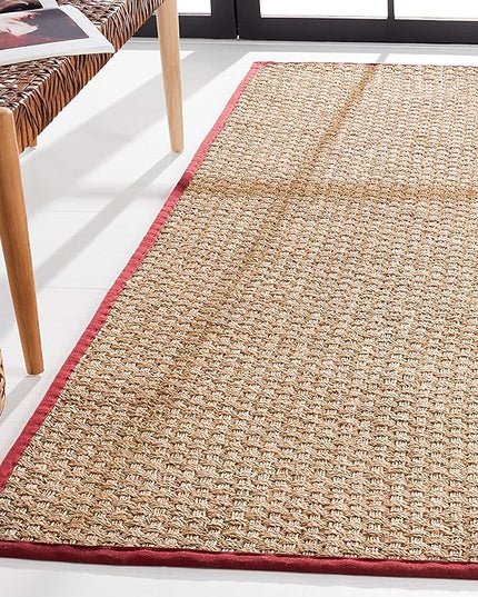 SAFAVIEH Natural Fiber Collection Runner Rug - 2'6" x 8', Natural & Red, Seagrass, Basketweave Pattern with Border (NF114D)